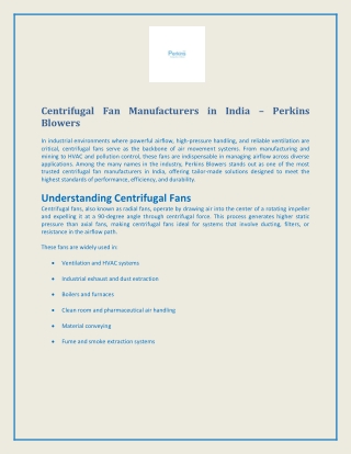 Centrifugal Fan Manufacturers in India – Perkins Blowers