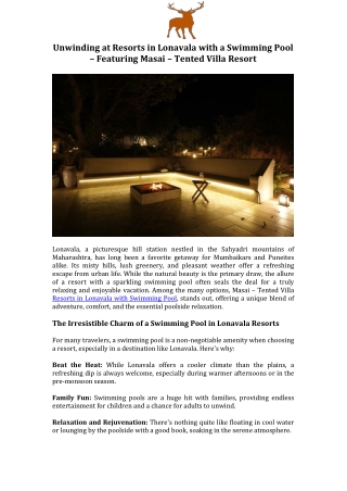 Unwinding at Resorts in Lonavala with a Swimming Pool – Featuring Masai – Tented Villa Resort