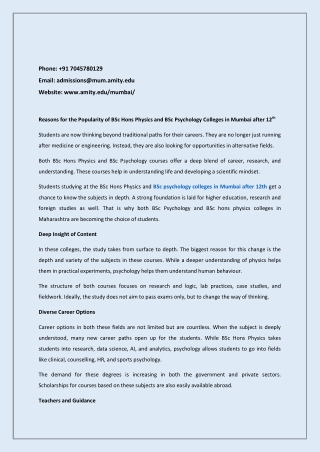 Reasons for the Popularity of BSc Hons Physics and BSc Psychology Colleges in Mumbai after 12th