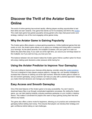 Discover the Thrill of the Aviator Game Online