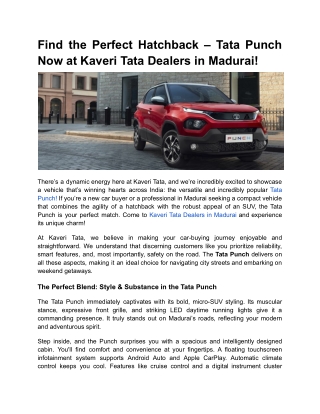 Find the Perfect Hatchback – Tata Punch Now at Kaveri Tata Dealers in Madurai