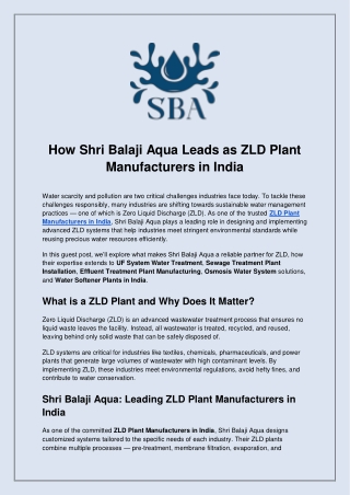 How Shri Balaji Aqua Leads as ZLD Plant Manufacturers in India