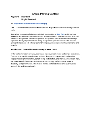 Discover the Excellence of Beer Tank and Bright Beer Tank Solutions by Envision India