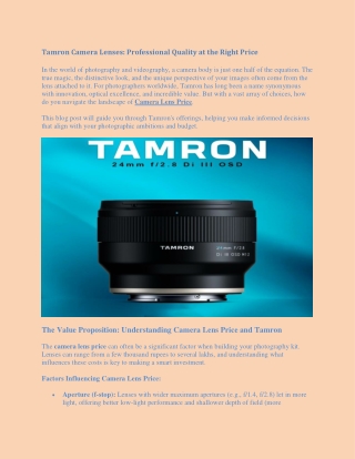 Tamron Camera Lenses: Professional Quality at the Right Price
