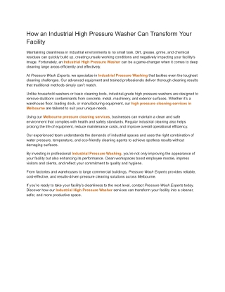 How an Industrial High Pressure Washer Can Transform Your Facility