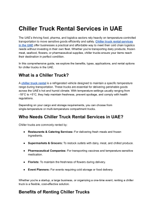 Chiller Truck Rental UAE – Reliable Cold Transport Services