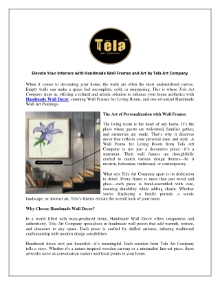 Elevate Your Interiors with Handmade Wall Frames and Art by Tela Art Company