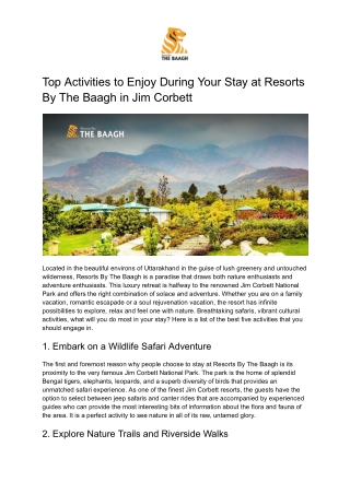 Top Activities to Enjoy During Your Stay at Resorts By The Baagh in Jim Corbett