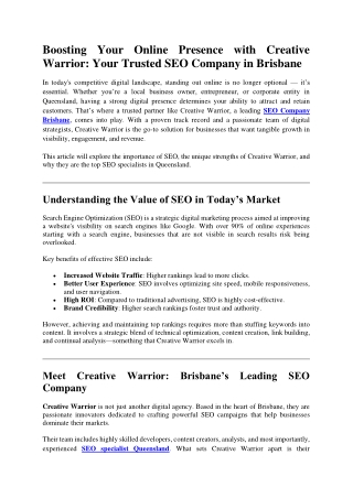 Boosting Your Online Presence with Creative Warrior Your Trusted SEO Company in Brisbane