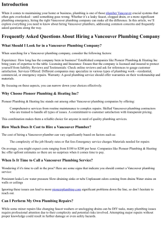 Frequently Asked Questions About Hiring a Vancouver Plumbing Company
