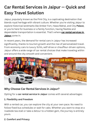 Car Rental Services in Jaipur — Quick and Easy Travel Solution