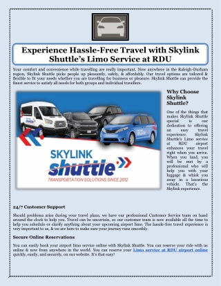 Experience Hassle-Free Travel with Skylink Shuttle’s Limo Service at RDU