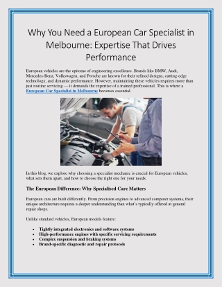 Why You Need a European Car Specialist in Melbourne Expertise That Drives Performance