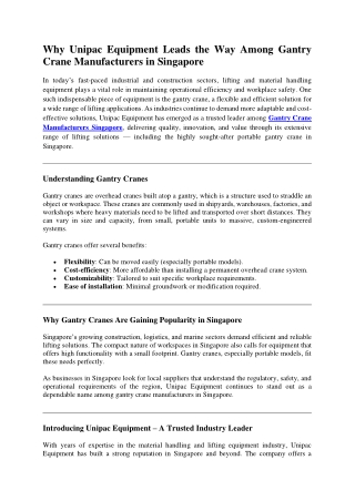 Why Unipac Equipment Leads the Way Among Gantry Crane Manufacturers in Singapore