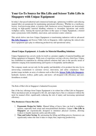 Your Go-To Source for Bin Lifts and Scissor Table Lifts in Singapore with Unipac Equipment