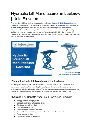 Hydraulic Lift Manufacturer in Lucknow _ Uniq Elevators