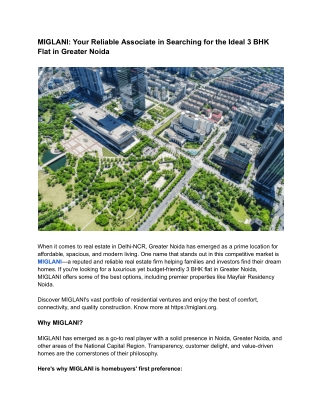 MIGLANI: Your Reliable Associate in Searching for the Ideal 3 BHK Flat in Greate