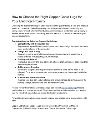 Copper Cable Lugs by Pioneer Powers International