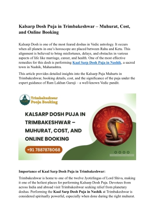 Kalsarp Dosh Puja in Trimbakeshwar Muhurat, Cost, and Online Booking