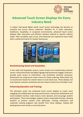 Advanced Touch Screen Displays for Every Industry Need