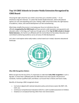 Top 10 CBSE Schools in Greater Noida Extension Recognized by CBSE Board