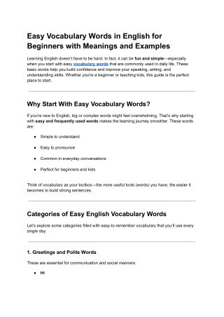 Easy Vocabulary Words in English for Beginners with Meanings and Examples