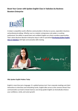 Boost Your Career with Spoken English Class in Vadodara by Business Boosters Enterprise