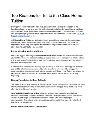 Top Reasons for 1st to 5th Class Home Tuition