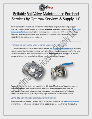 Ball Valve Maintenance Portland Services by Optimax Services
