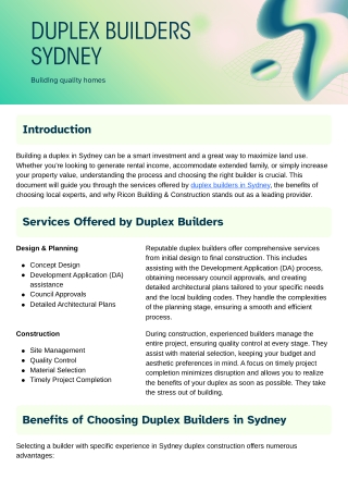 Duplex Builders Sydney | Ricon Building & Construction