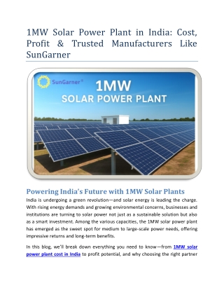 1MW Solar Power Plant in India Cost, Profit & Trusted Manufacturers Like SunGarner