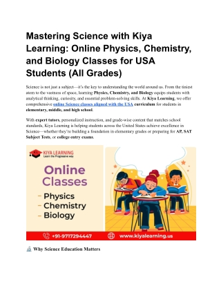 Mastering Science with Kiya Learning Online Physics, Chemistry, and Biology Classes for USA Students (All Grades)