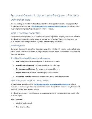 Fractional Ownership Opportunity Gurugram | Fractional Ownership India