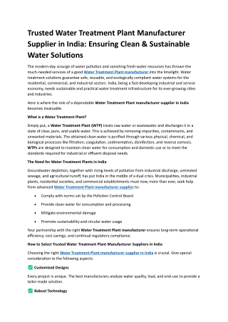 Trusted Water Treatment Plant Manufacturer Supplier in India