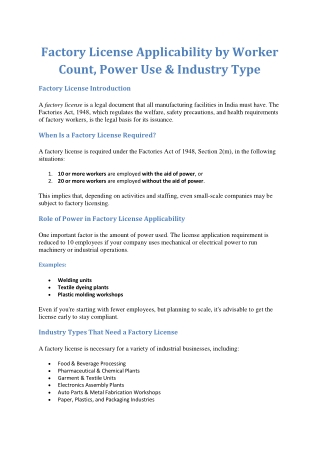 Factory License Applicability by Worker Count, Power Use & Industry Type