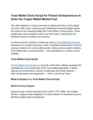 Trust Wallet Clone Script for Fintech Entrepreneurs to Enter the Crypto Wallet Market Fast