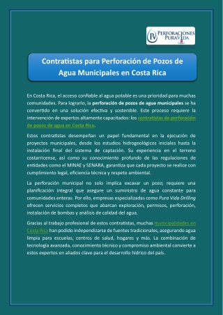 Contratistas para Perforacion de Pozos de Agua Municipales en Costa Rica
