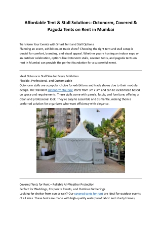 Affordable Tent & Stall Solutions: Octonorm, Covered & Pagoda Tents on Rent in M