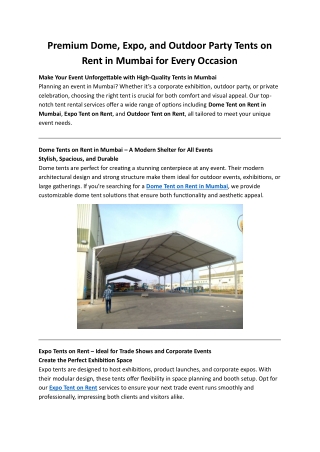 Premium Dome, Expo, and Outdoor Party Tents on Rent in Mumbai for Every Occasion