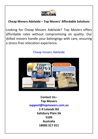 Cheap Movers Adelaide – Top Movers' Affordable Solutions