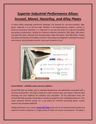 Superior Industrial Performance Alloys: Inconel, Monel, Hastelloy, and Alloy Pla