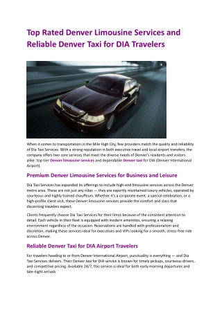 Top Rated Denver Limousine Services and Reliable Denver Taxi for DIA Travelers