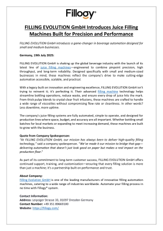 FILLING EVOLUTION GmbH Introduces Juice Filling Machines Built for Precision and Performance