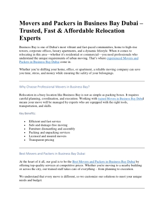 Movers and Packers in Business Bay Dubai – Trusted, Fast & Affordable Relocation Experts
