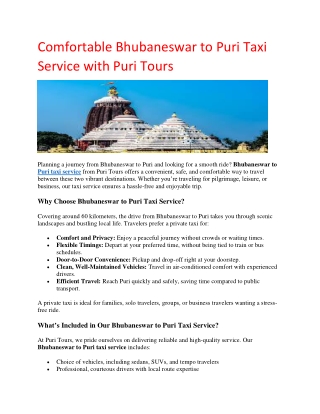 Comfortable Bhubaneswar to Puri Taxi Service with Puri Tours