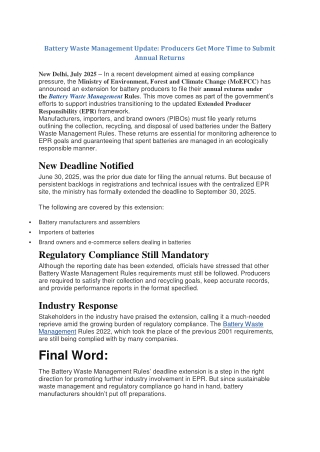 Battery Waste Management Update Producers Get More Time to Submit Annual Returns