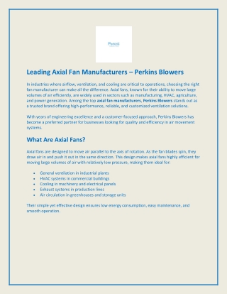 Leading Axial Fan Manufacturers – Perkins Blowers