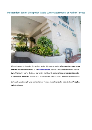 Independent Senior Living with Studio Luxury Apartments at Harbor Terrace in San Pedro