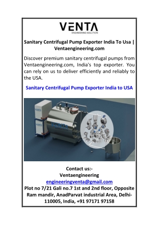Sanitary Centrifugal Pump Exporter India To Usa Ventaengineering.com