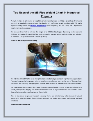 Top Uses of the MS Pipe Weight Chart in Industrial Projects